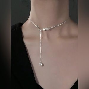 New S925 Silver Faux Pearl Adjustable Necklace With Fringe, French Style.